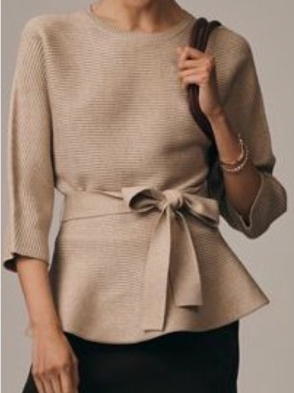 MAEVE Ribbed Belted Sweater in Beige